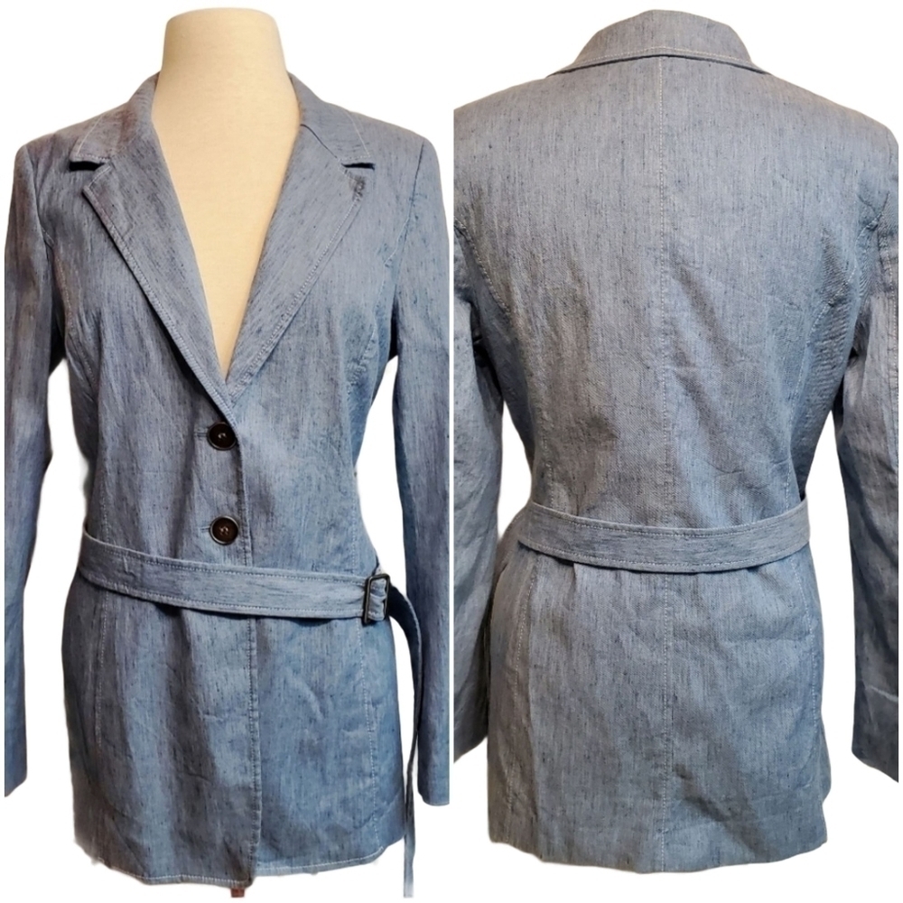 Worth New York Chambray Linen Blend Belted Jacket